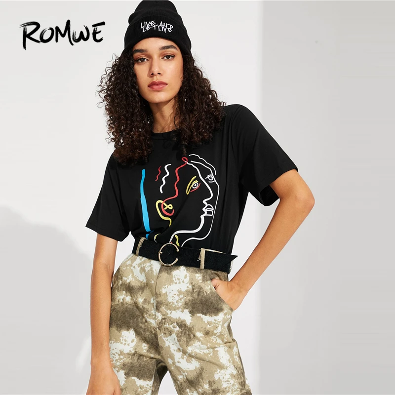 

ROMWE Figure Print Tee 2019 Chic Stylish Short Sleeve Womens Clothing Summer Graphic Tees Women Black Round Neck Shirts
