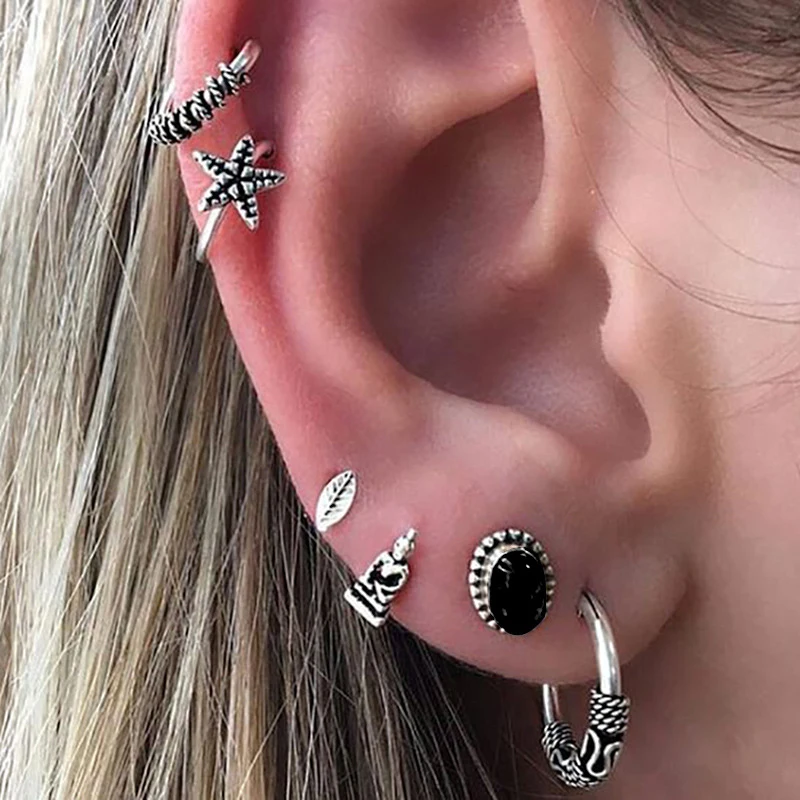 

6 Pcs/Set Bohemian Vintage Earrings Set Ethnic Style Seastar Leaf Buddha Ancient Tibetan Silver Stud Earrings For Women Jewelry
