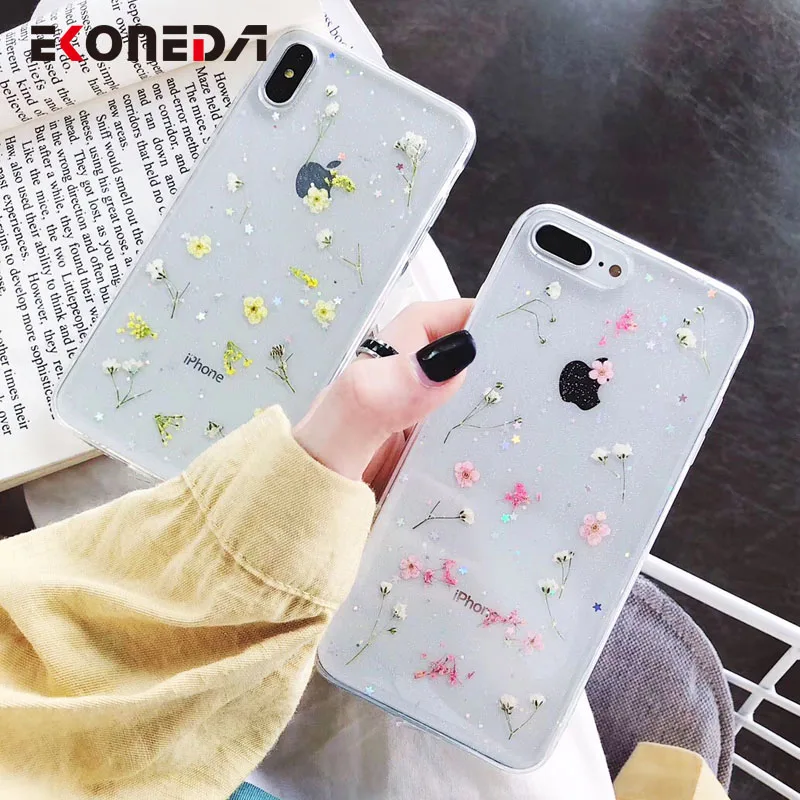 

EKONEDA Real Dried Floral Case For iPhone X Case Silicone Transparent Cover For iPhone XS Max XR 7 Plus 6 6S 8 Plus Case