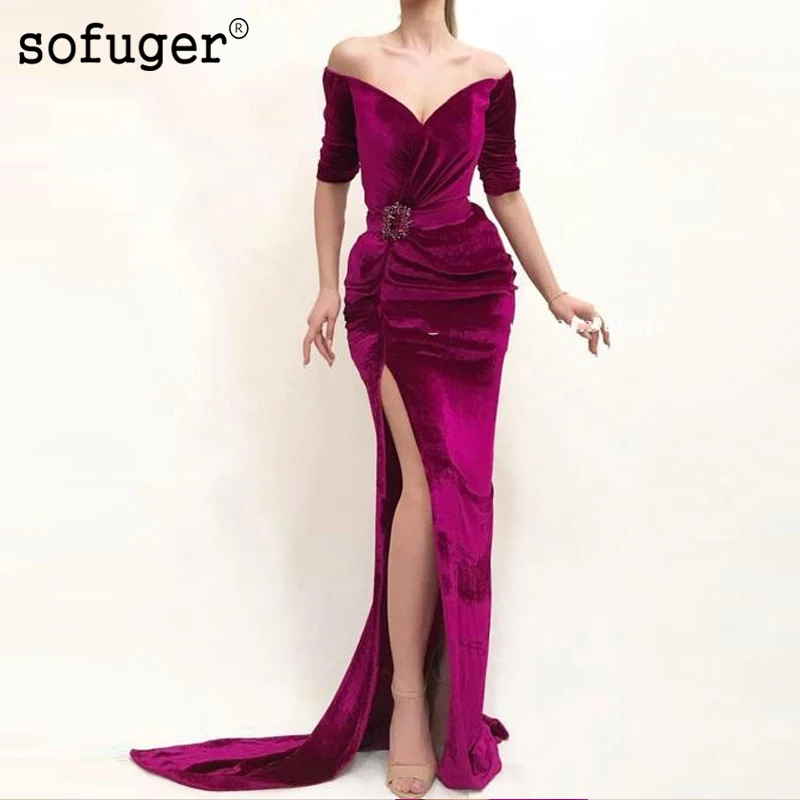 

Delicate Sweetheart Short Sleeves VELOUR Evening Dress Slit Prom Vestidos De Fiesta Formal Party Dress Arabic Muslim