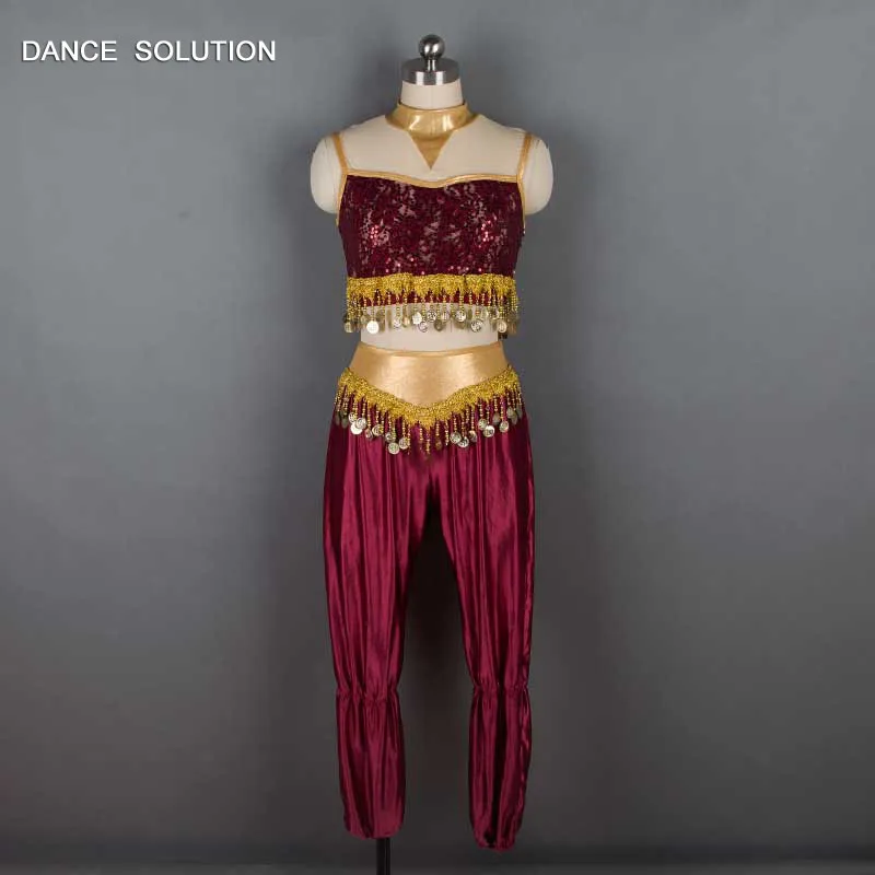 

Child Adult Jazz & Tap Dance Costumes Fashion Red Latin Dress With Gold Sequin Shiny Trims Bodice & Harem Pants 18578