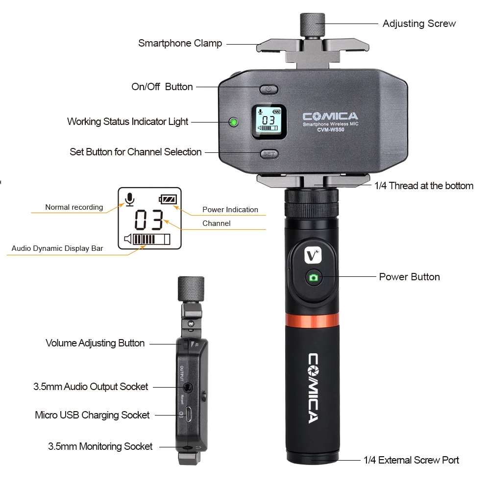 CoMica CVM-WS50A Pro Микрофон для смартфона с отворотом беспроводной микрофон w Bluetooth RC ручка интеллектуальное видео для прямой трансляции Youtube