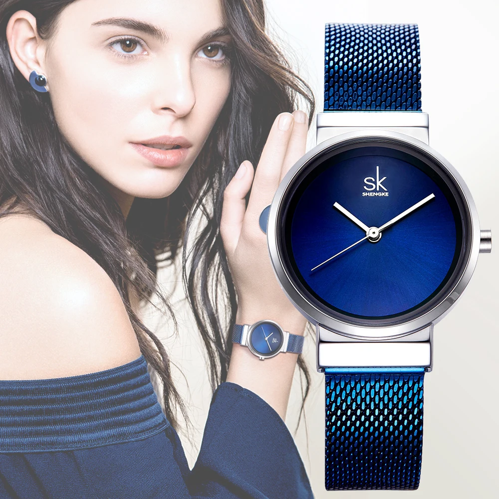 SHENGKE New Fashion Brand Women Wrist Watches Super font b Slim b font Blue Mesh Stainless