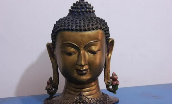 

S1075 11 Tibet Buddhism Pure Bronze Copper gild inlay Gem Sakyamuni Buddha Head Statue D0318