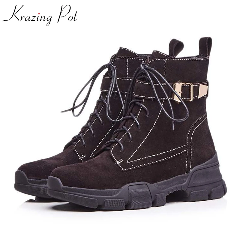 

Krazing Pot 2019 cow suede wedges med heels platform round toe cross-tied hollow punk rock handsome quality fashion boots L73