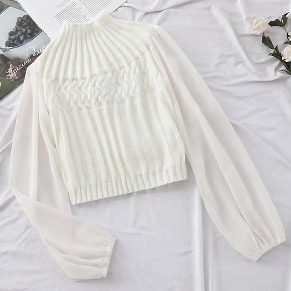 Весенний женский пуловер Женская трикотажная блузка рубашка шифон рукав модная блузка Топ - Цвет: Белый