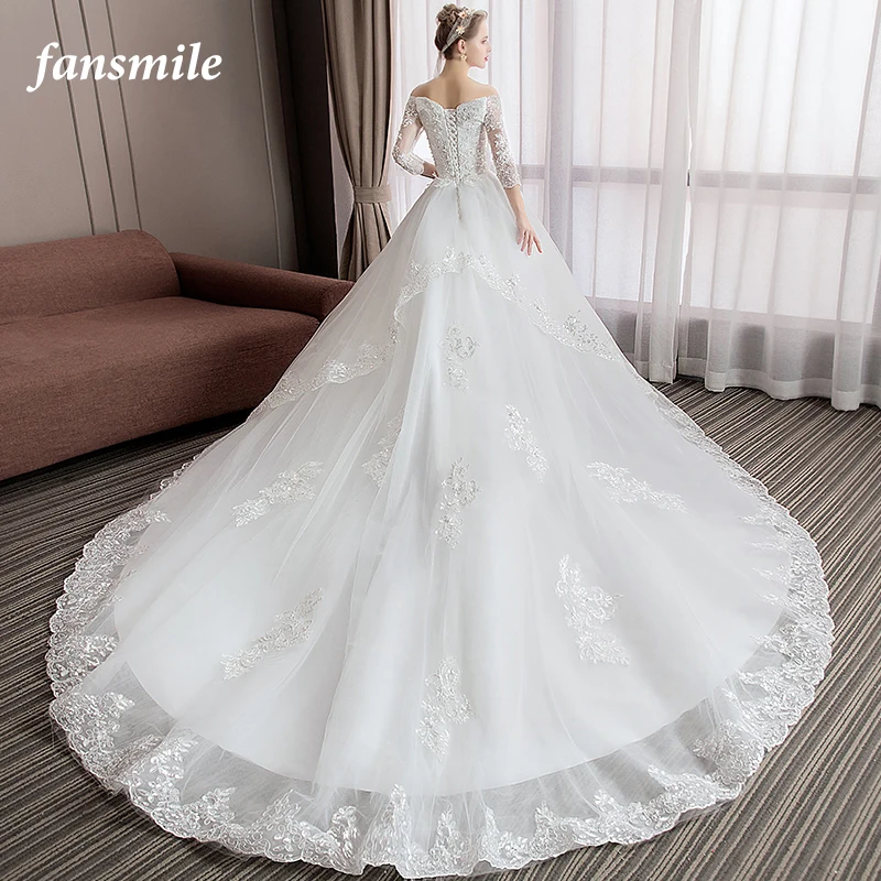 

Fansmile Vestido De Noiva Elegant Long Train Ball Gown Wedding Dress 2019 Robe Mariage Sirene Plus Size Bridal Dress FSM-598T