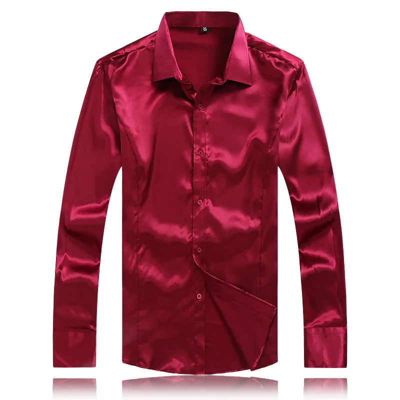 2016 Hot Sale Men's silk like Solid Shirts Slim Casual Long sleeved