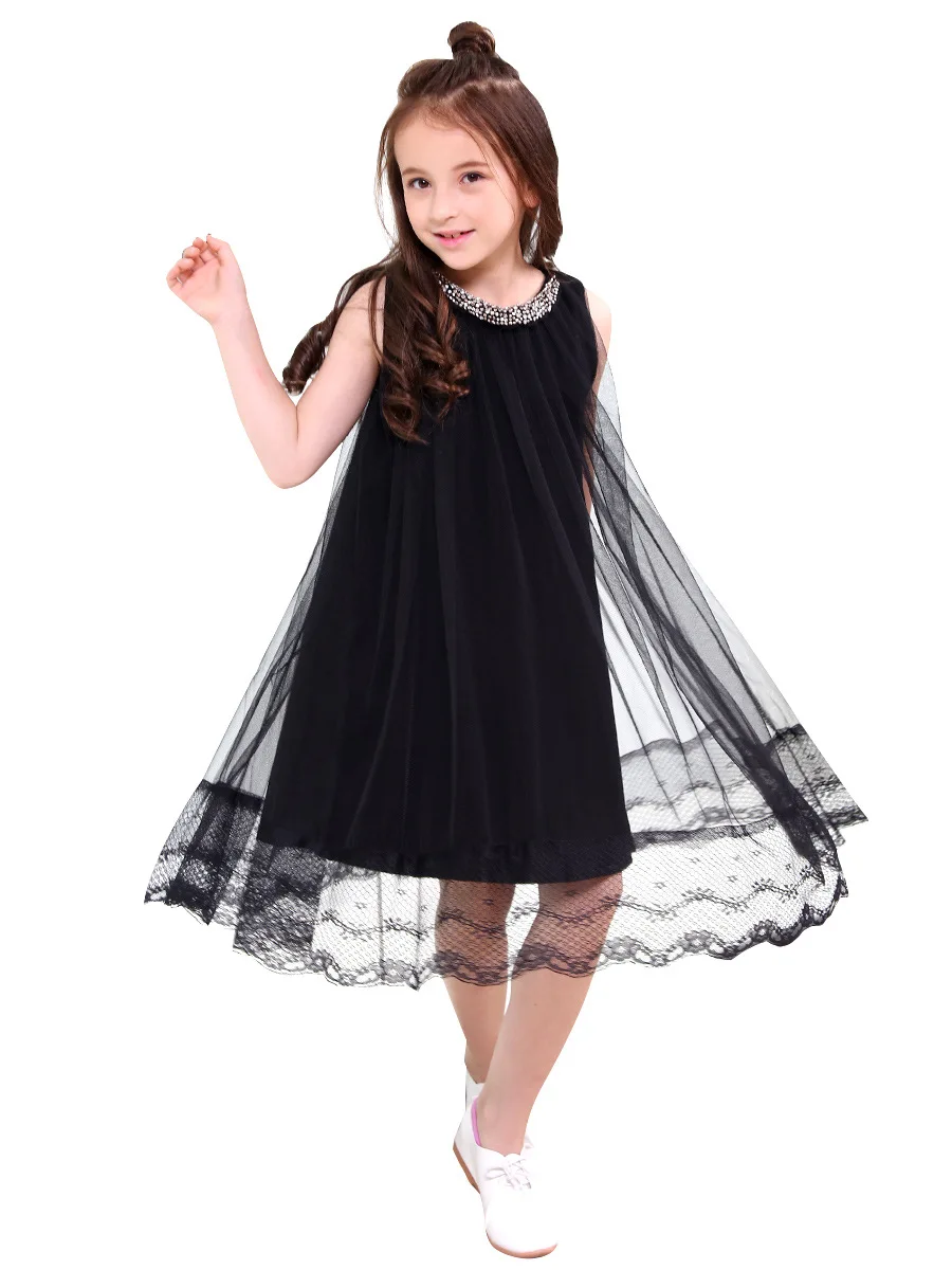 Платье для девочек 10-12 лет, длинное платье принцессы для подростков, черное летнее платье без рукавов с бисером - Цвет: Черный
