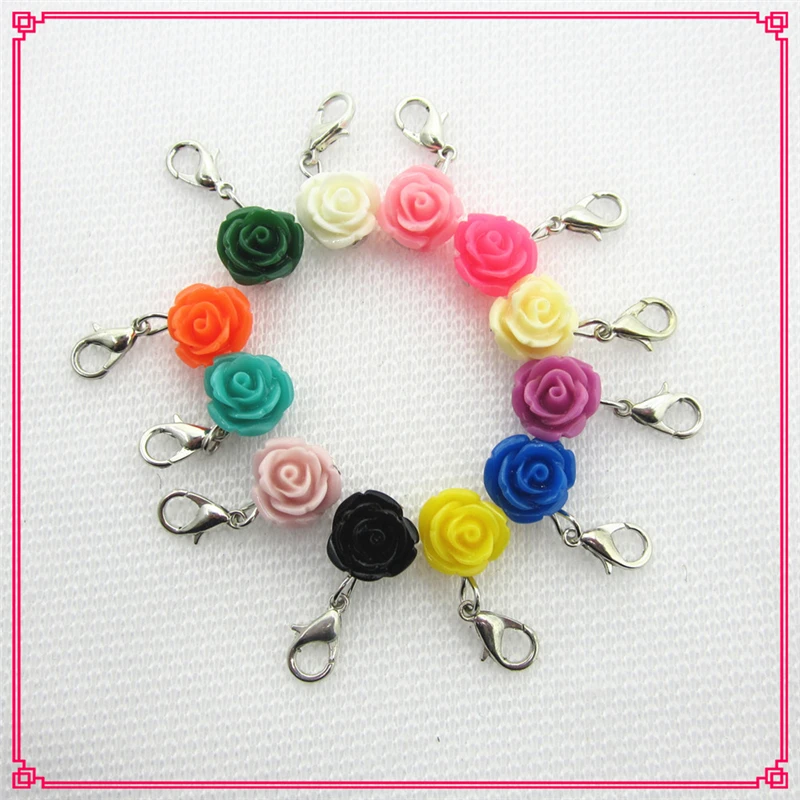 

Hot selling 60pcs Mix 12 color rose flower dangle charms hanging lobster clasp charms Diy floating lockets jewelry accessory