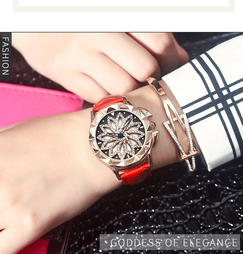 Цветок часы Для женщин повернуть диск роскошный браслет Часы Дамская мода Повседневное кожа Водонепроницаемый женский часы кварцевые
