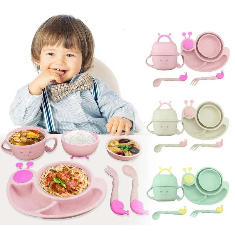 6pcs Cute Wheat Material Baby Dining Plate Health Lovely Snail Lunch