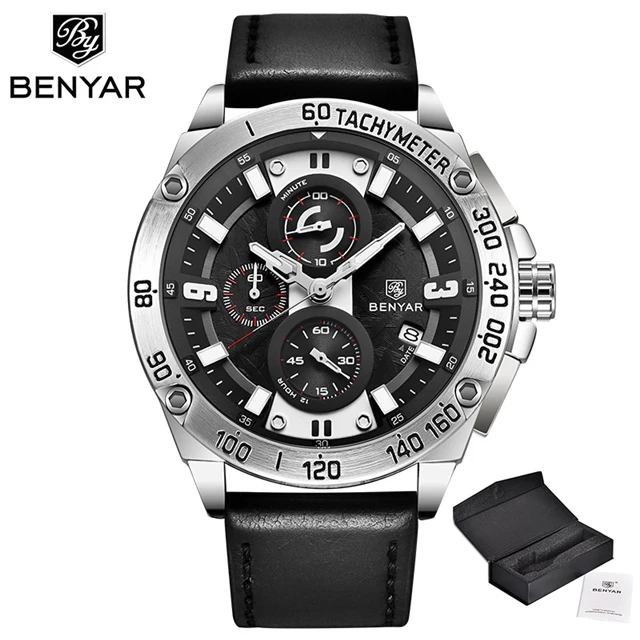 Новые мужские часы BENYAR Топ люксовый бренд кварцевые часы мужские военные Автоматическая Дата Водонепроницаемый хронограф Relogio Masculino - Цвет: L-silver black