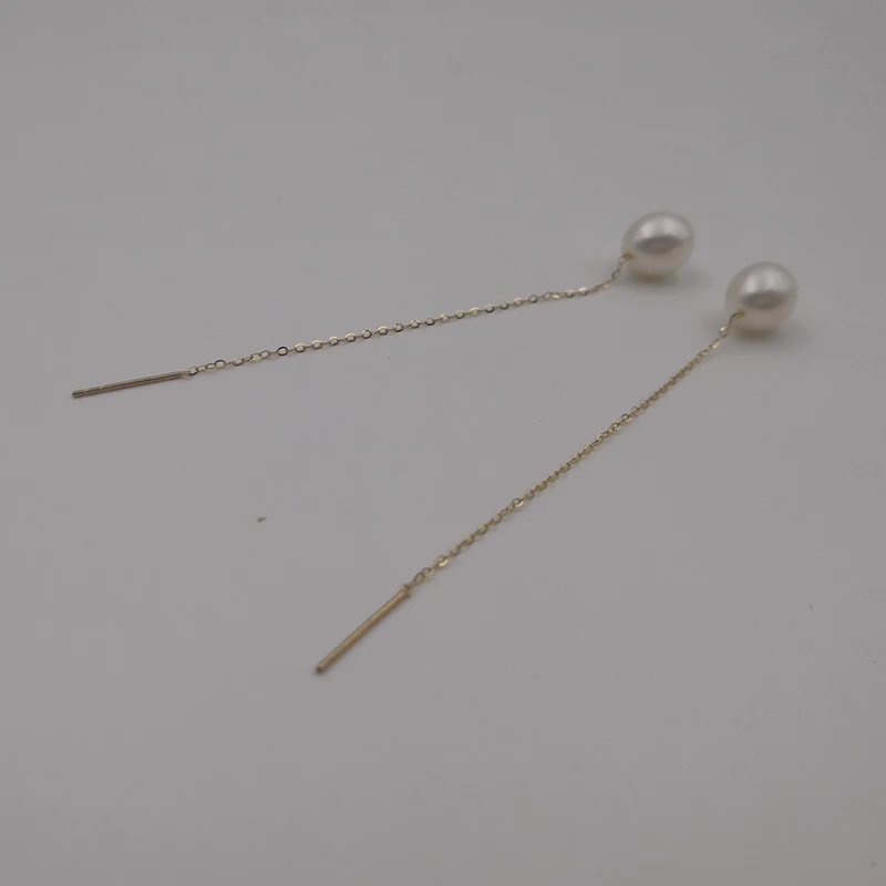 Sinya Au750 18k gold long chain tassel design earring dangle drop earring with 7-9 mm high luster pearls  for women (5)