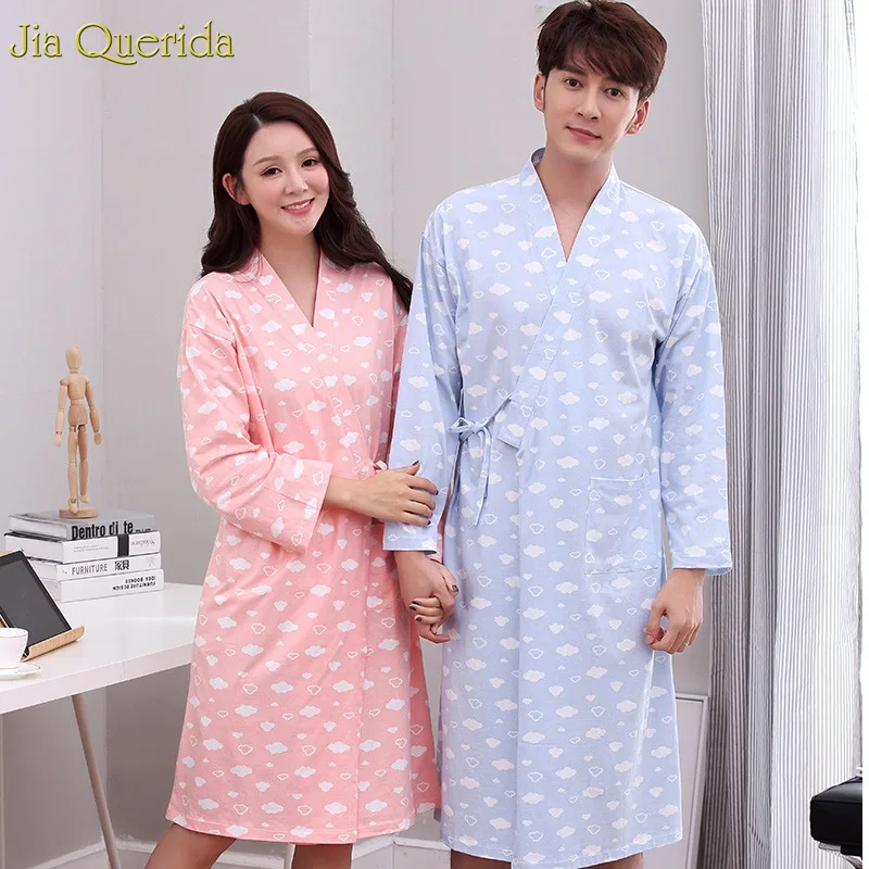

Lingerie Robe 100% Cotton Man and Woman Matching Plus Size Robe Long Sleeves Printing Couples Home Wear Nightgown Robe Kimono