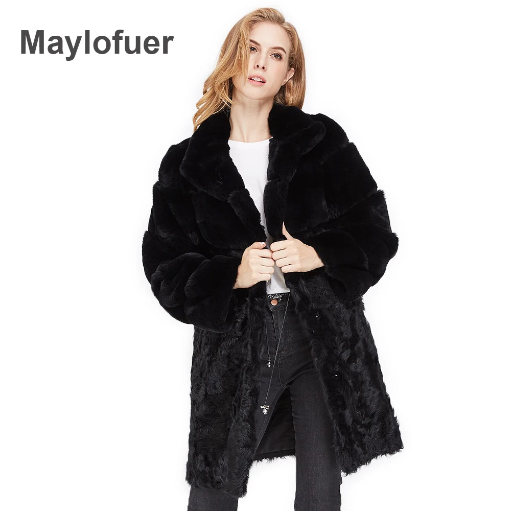

Maylofuer Real Rex Rabbit Fur Coat Women Fashion Long Fur Coats Wool Fur Jackets Lamb Fur Coats Spliced