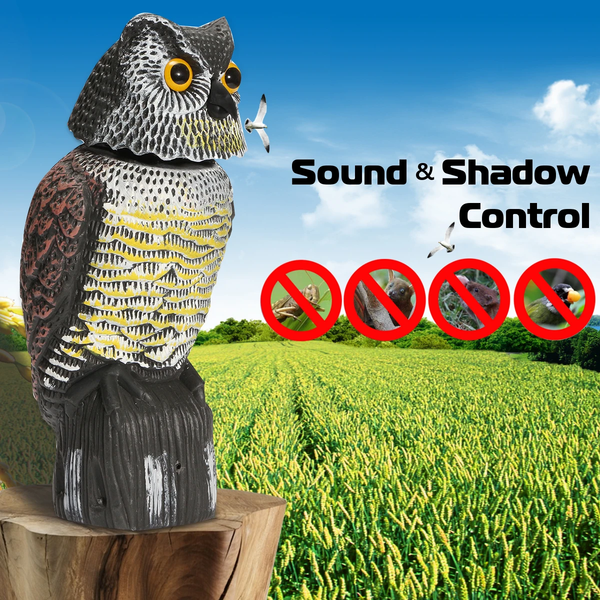

Hunting Ornament Realistic Plastic Owl Decoys With Rotating Head Good Tackle Crow Bird Scarer Scarecrow car garden docoration