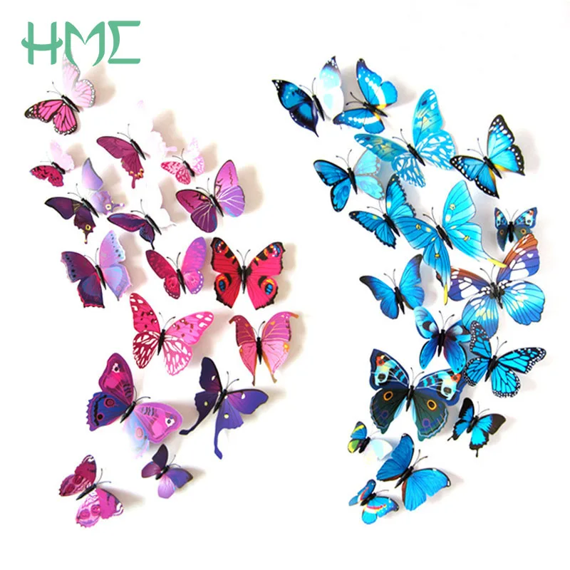 

12pcs/lot New Fashion Simulation 3D Butterfly Beautiful 2 Styles of Romantic Curtain Wall Stickers Wedding Room Decoration 2018