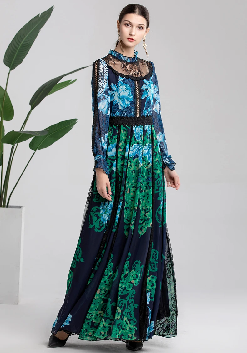 MoaaYina весна осень подиум Платье женское с длинным рукавом кружево вышивка сплайсированные печати Богемия элегантный шифон Макси платья халат