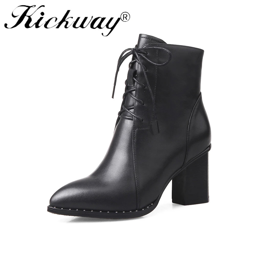 

Kickway Plus Size 34-42 High Quality Genuine Leather Lace Up Thick Heel Ankle Boots 2018 Fashion Women Boots Marten Boots Ladies
