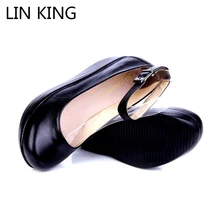LIN KING New Fashion Women Swing Shoes Solid PU Leather Platform Shoes Thick Sole Ankle Buckle Straps Comfortable Slim Shoes