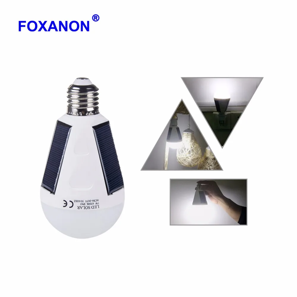 

Foxanon E27 LED Solar Lamp 7W 12W AC 85V-265V Rechargeable Led Bulb Outdoor Emergency Solar Powered Camping Hiking Fishing Light