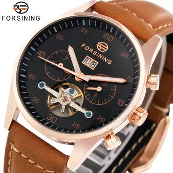 

FORSINING Fashion Brown Auto Mechanical Watches Men Genuine Leather Strap Tourbillon Design 2 Sub-dials Clock Top Brand Luxury