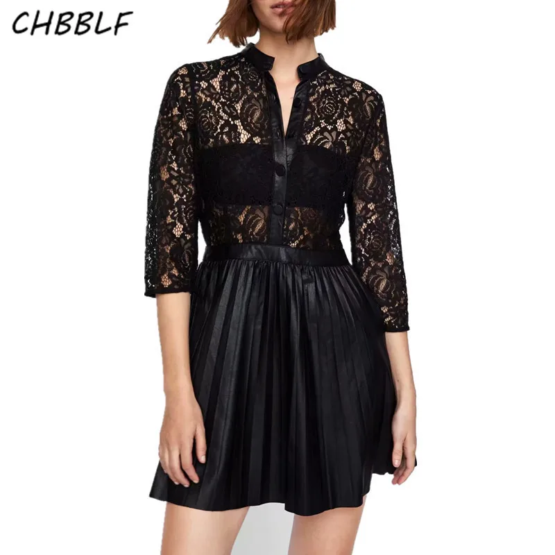 

CHBBLF Lace pu leather patchwork pleated dress black dresses three quarter sleeve stand collar casual vestidos BGB8494
