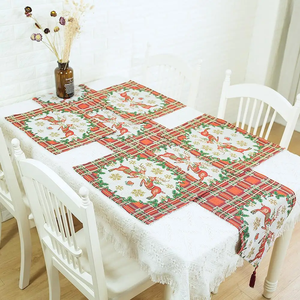 Christmas Table Runner Mat Tablecloth Plaid and Reindeer Tapestry