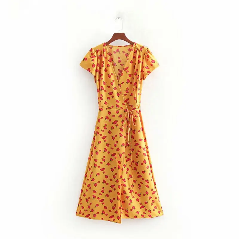 kawaii floral print yellow beach dress women summer dress Korean