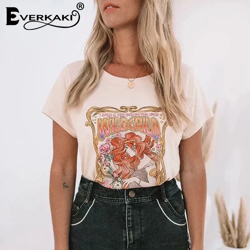 Everkaki Boho Gypsy Girl/футболка с принтом; топы из хлопка для диких детей; абрикосовый топ с круглым вырезом в богемном стиле; женские футболки; Новинка года; сезон весна-лето
