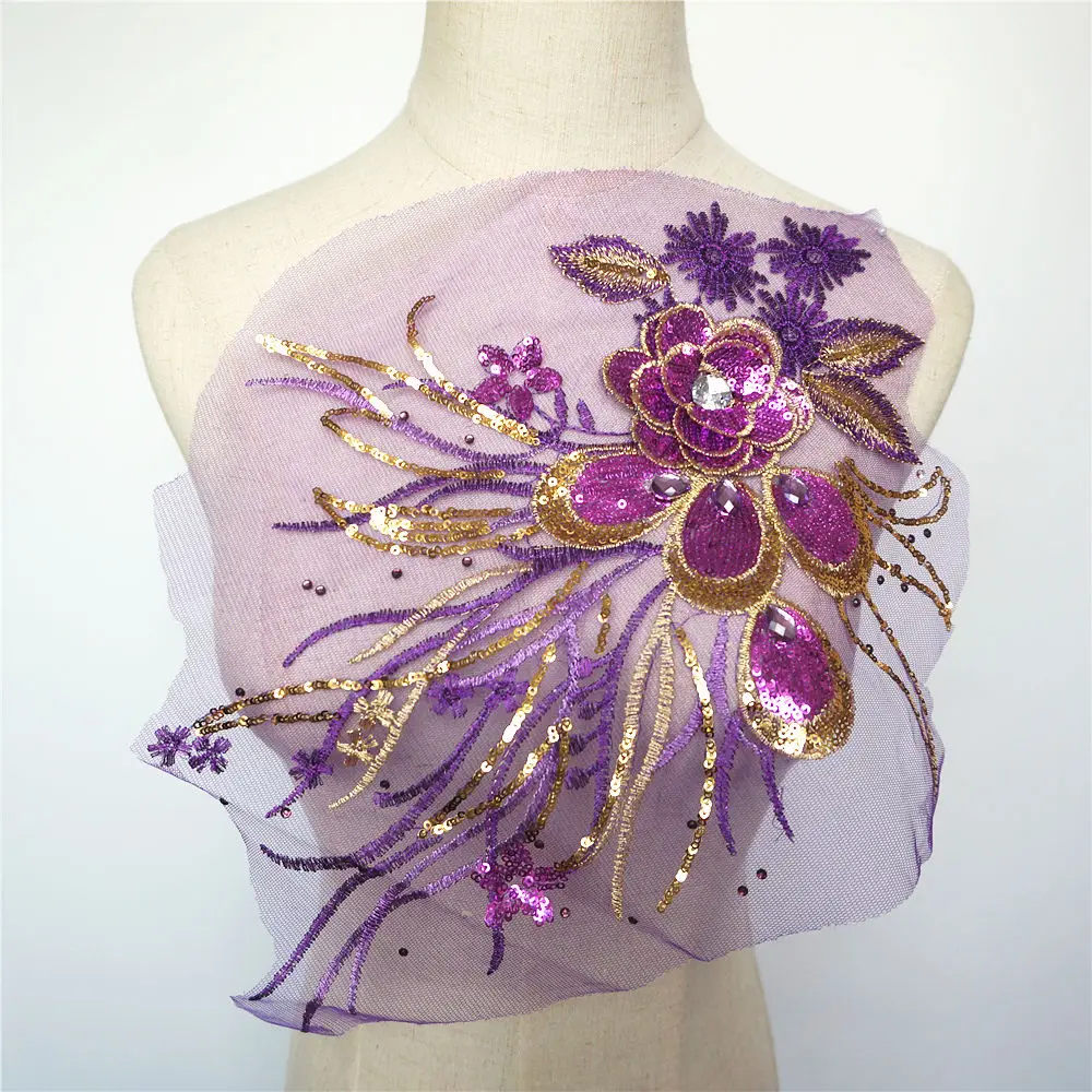 

Purple Gold Sequins 3D Flowers Tassel Lace Trims Rhinestone Mesh Sew On Patches Embroidery For Wedding Appliques Decoration DIY