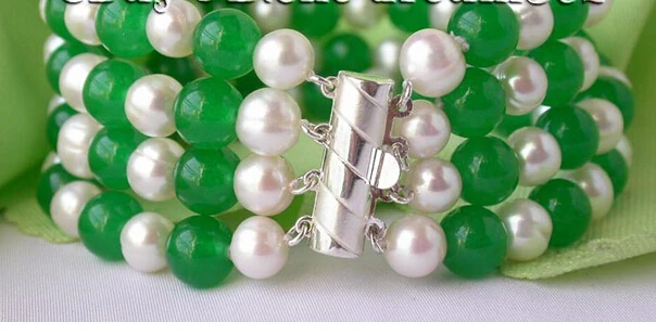 

4stronds 8"8mm white round freshwater pearl green jade bracelet@^Noble style Natural Fine jewe SHIPPING new >>free shipping