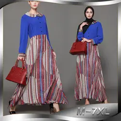 Для женщин Повседневное мусульманское платье Питер Пэн воротник с длинными рукавами в стиле пэчворк синий плюс Размеры 7XL Исламская Абая