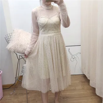 

2019 Rushed Vestido Longo Lace Dress Zanzea Women's Dress 2019 New Mesh Long-sleeved Sparkling Dots In The Long Female Summer