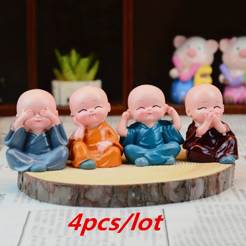 

4Pcs Lovely Small Kungfu Monks Maitreya Buddha Resin Handicrafts Decorations for Home and Car(colors random)