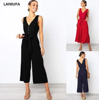 

Office Lady Womens Playsuit Jumpsuits Deep V Neck Slim Solid Bodysuit Party Jumpsuit Romper Formal Ankle-Length Pants Womens