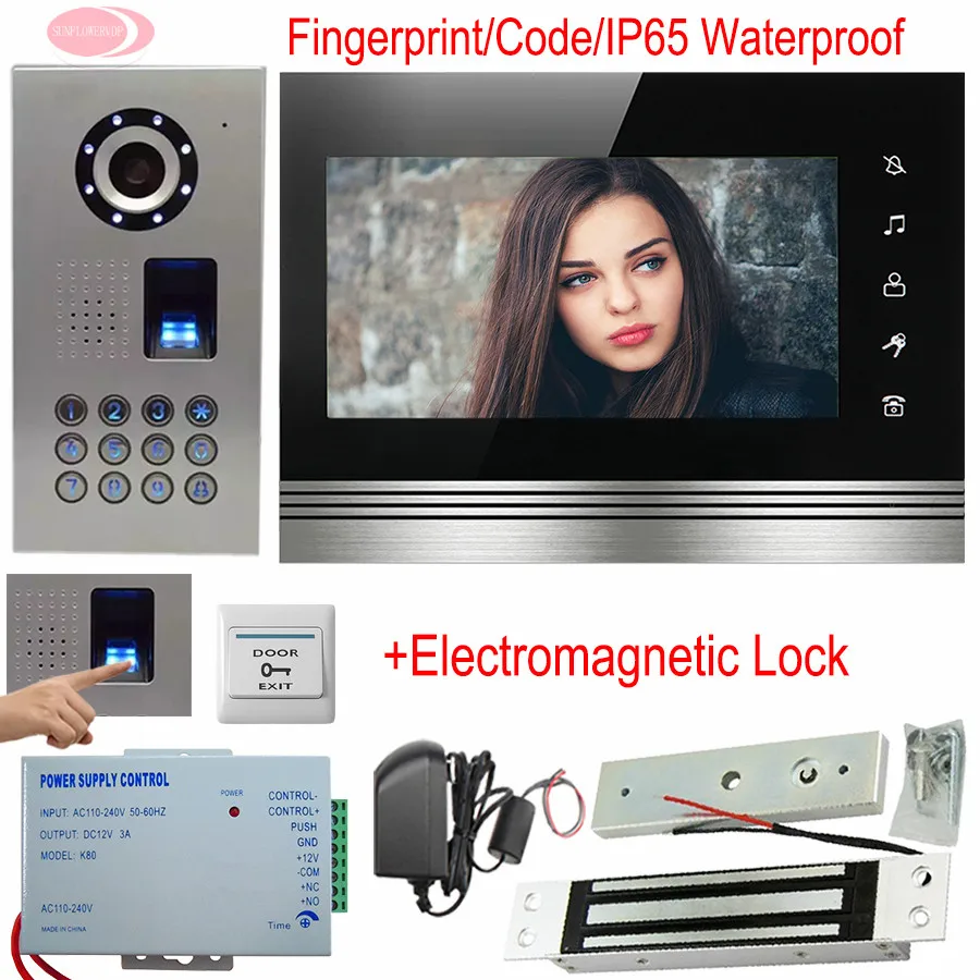 

Home Video Door Phone 7Inches Touch Button Video Intercom Fingerprint/Code With Electromagnetic Lock Unlock IP65 Waterproof Kit