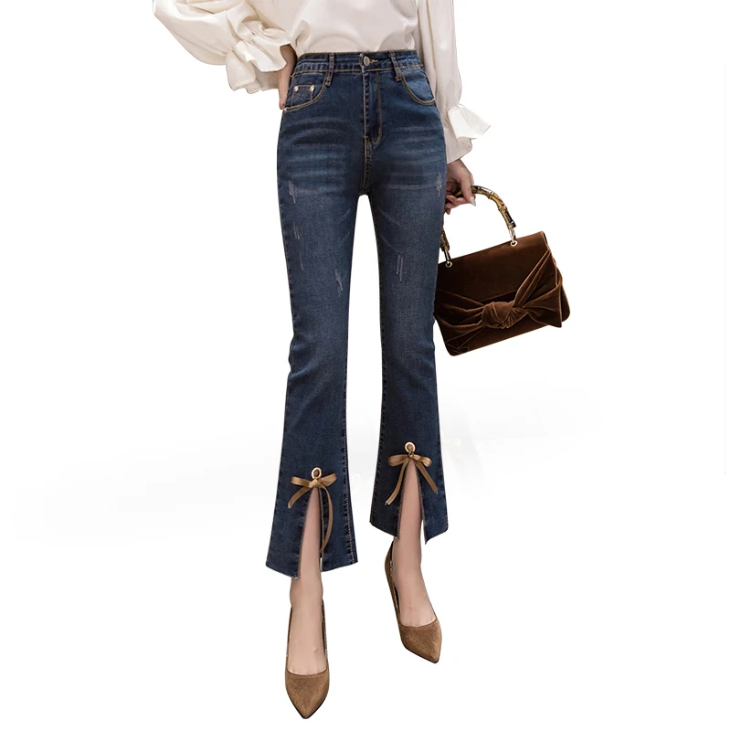 

Korean Bell Flare Jeans Women Split Lace Up Jeans High Waist Wide Leg Jeans Shaping Bootcut Ankle Denim Pants Female