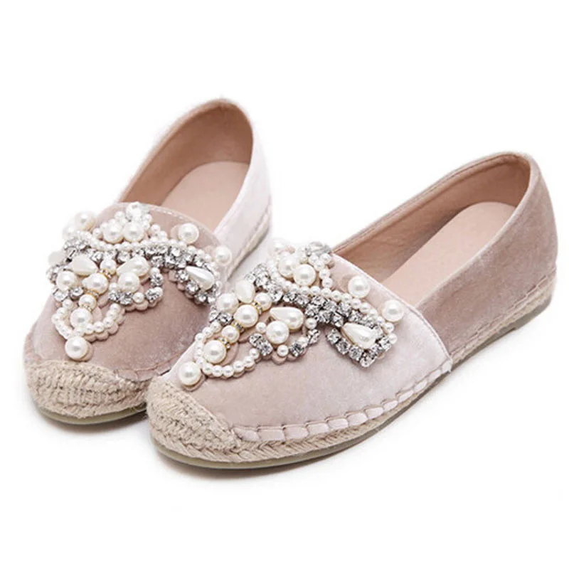 Slip Ons Loafer Round Toe Hemp Bottom Frisherman Shoes With Pearls Bling 