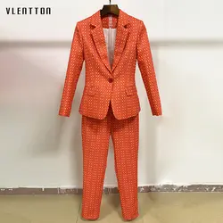 Высококачественный дизайнерский костюм для подиума, брюки, Женский винтажный клетчатый цветочный принт, офисный Женский блейзер, пальто
