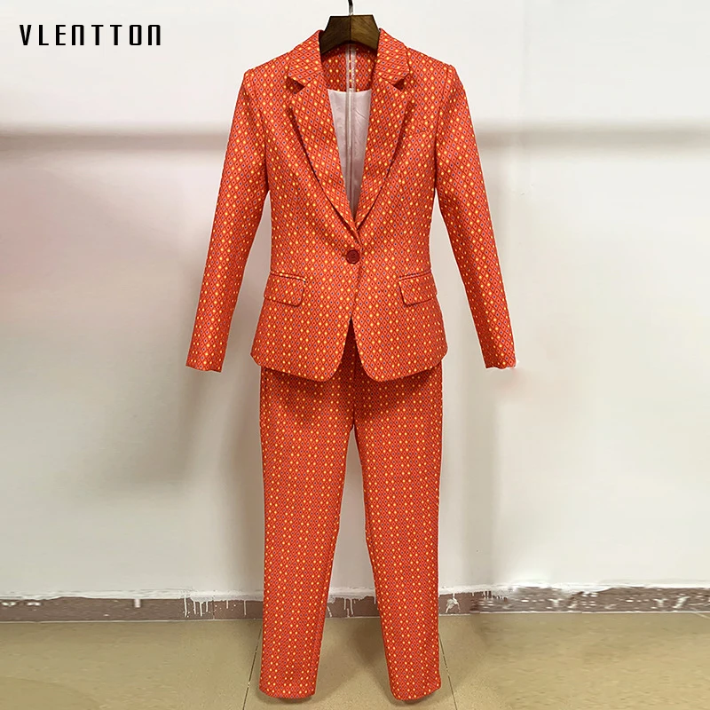 

High Quality Runway Designer Pants Suit Women's Vintage Plaid Floral Print Office Lady Blazer Coat Female Trouser Two Piece Set