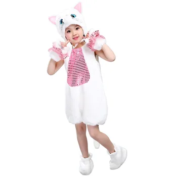 

Kids Girl Cartoon Cat Flannel Onesie Halloween Animal Costume Plush Stage Performance Costume Sequin Pattern with Hat Gloves