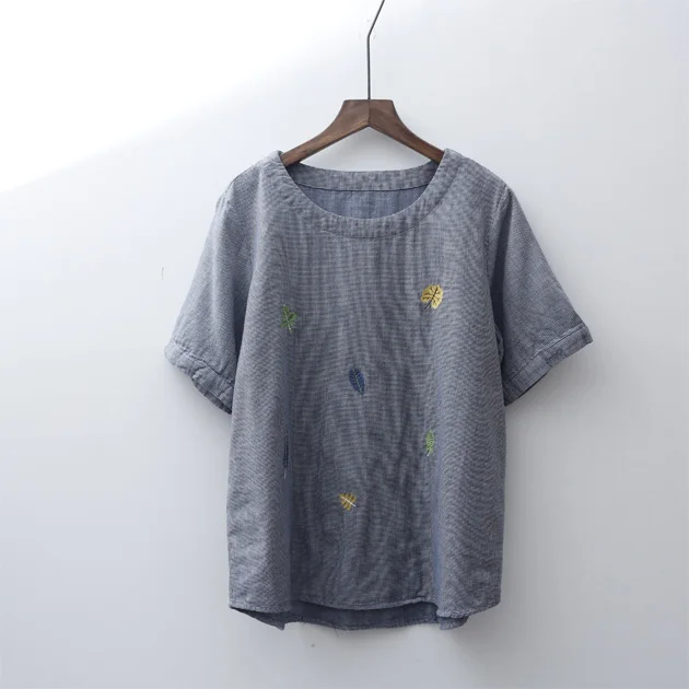 Мягкая хлопковая трикотажная рубашка в горошек с короткими рукавами и вышитыми листьями - Цвет: stripe