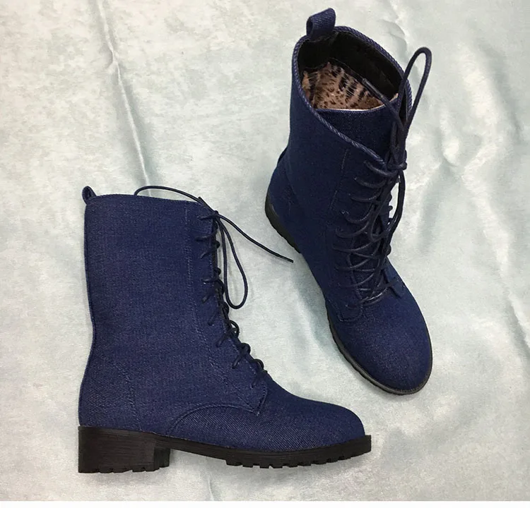 Phoentin/женские джинсовые ботинки до середины икры на шнуровке короткие женские зимние ботинки синего цвета на плоской подошве средней высоты джинсовая проклеенная женская обувь FT155