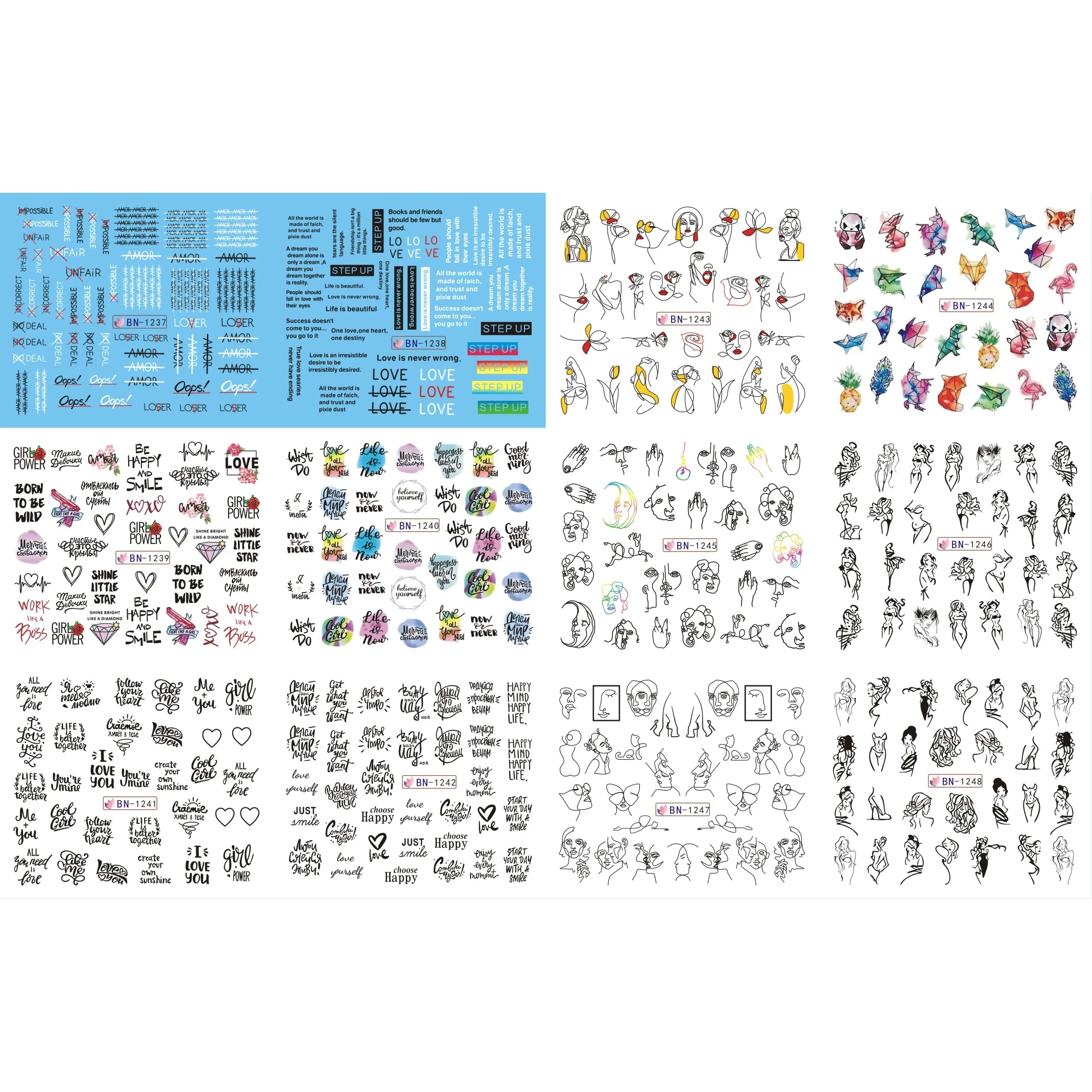 

12 PACK/ LOT WATER DECAL NAIL ART NAIL STICKER LINEAR FACES ALPHABET PHRASE GEOMETRIC ANIMAL WOMAN LOVE BN1237-1248