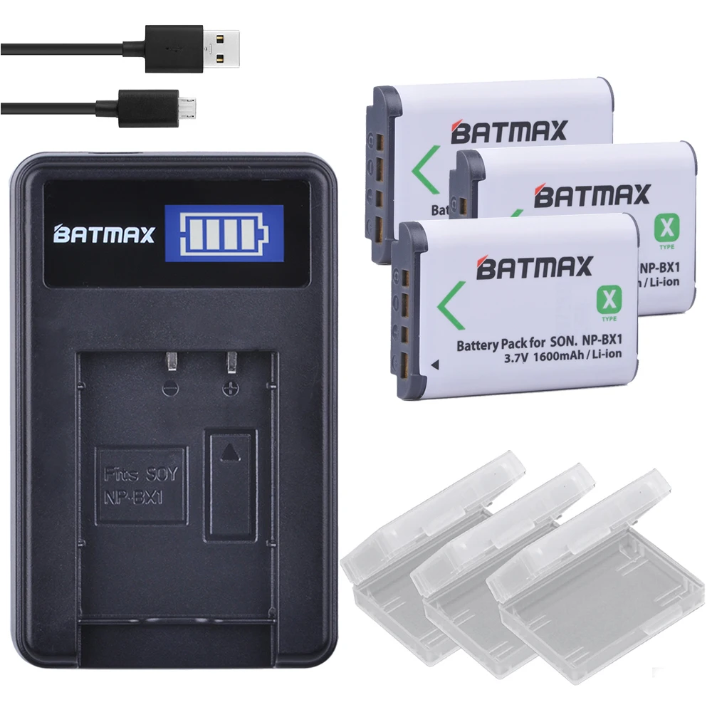 

3Pcs NP-BX1 NPBX1 NP BX1 Battery 1600mAh + LCD USB Charger for Sony HDR-AS100v AS100V AS30 AS15 DSC-RX100 HX400 WX350 Cameras