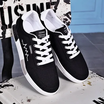 

Popular Spring Fashion Solid Black Mens Canvas Lace Up Breathable Men's Flats New 2018 Men Sneakers Casual Shoes Spring Leisure