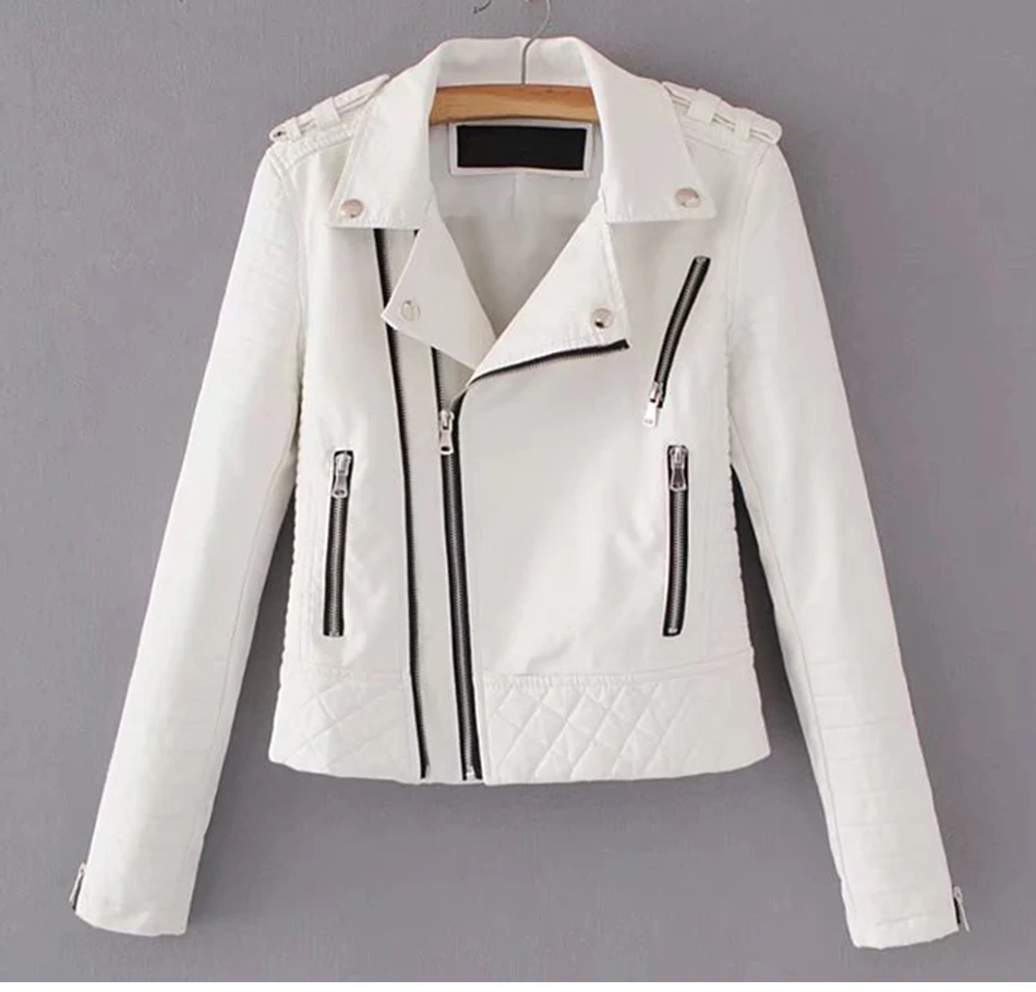 Женская кожаная куртка, мотоциклетная, осенняя, с длинным рукавом, на молнии, мягкая, искусственная кожа, куртки, белые, женские пальто, верхняя одежда