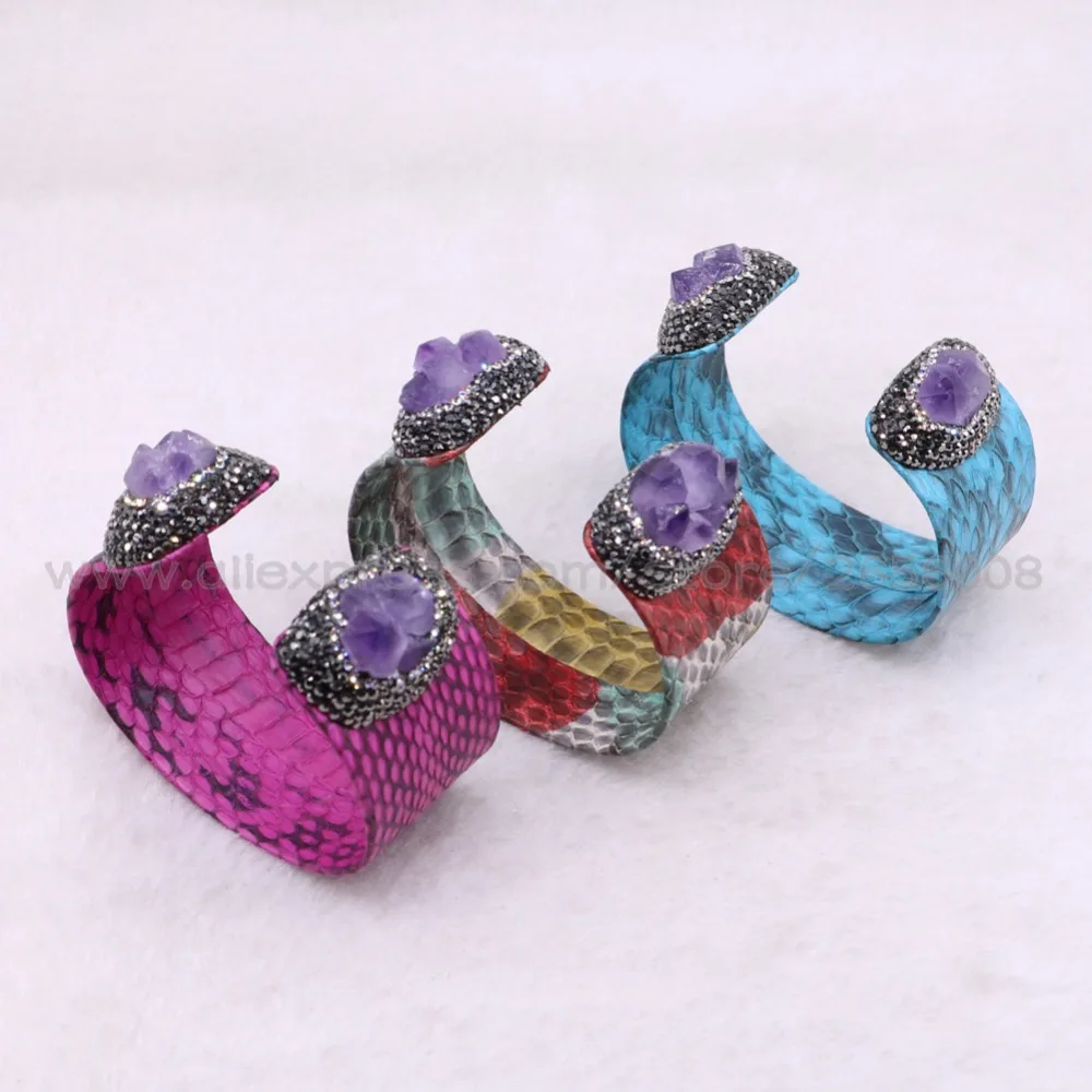 

4 Pcs Fashion leather bangle Mix color snake skin jewelry bangle Pave rhinestone Double purple stone jewelry Gift to lady 3441